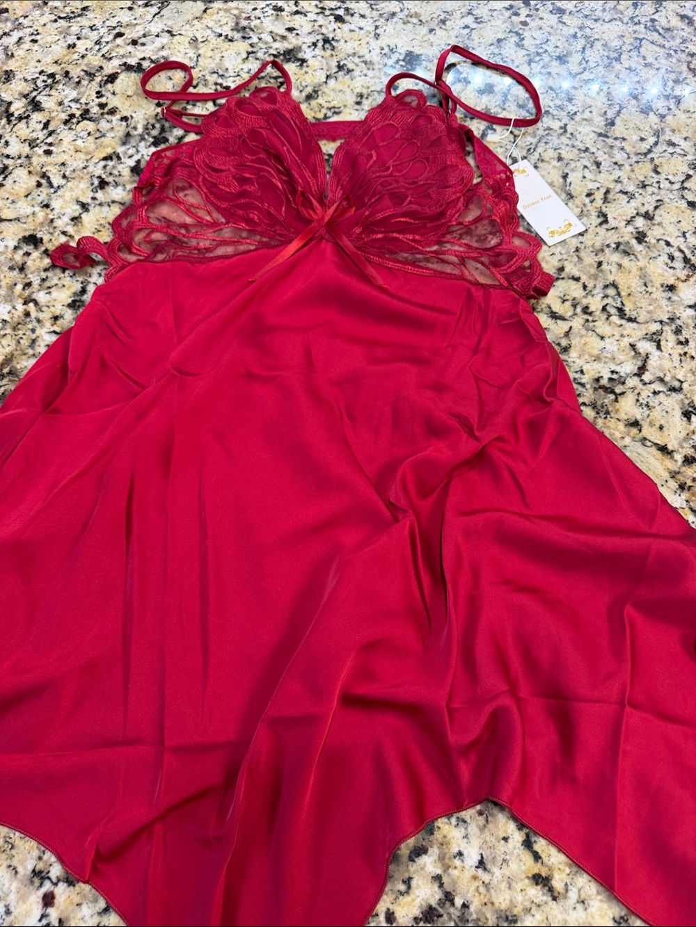 Red Lace-Trim Satin Chemise with Adjustable Straps - Unbranded